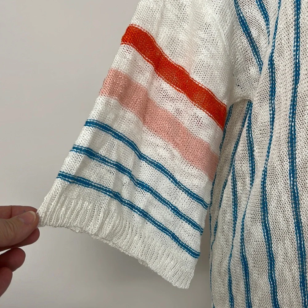 Casual white shirtsleeve sweater with blue and red-orange stripes bell s… - Picture 3 of 4